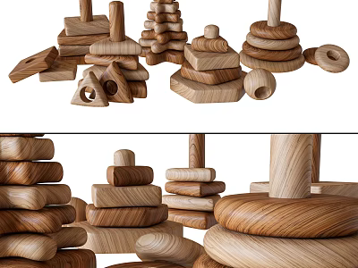 Wooden Building Blocks Stacked in Various Shapes with Natural Wood Texture for Children's Play and Learning 3d model