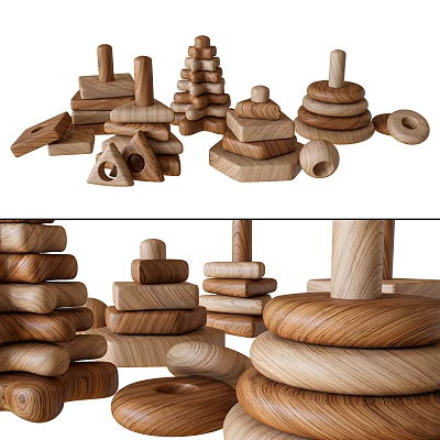 Wooden Building Blocks Stacked in Various Shapes with Natural Wood Texture for Children's Play and Learning 3d model