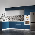 Modern Kitchen Interior Design With Blue Cabinets Hexagonal Tile Backsplash And Stainless Steel Appliances