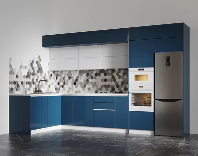 Modern Kitchen Interior Design With Blue Cabinets Hexagonal Tile Backsplash And Stainless Steel Appliances 3d model