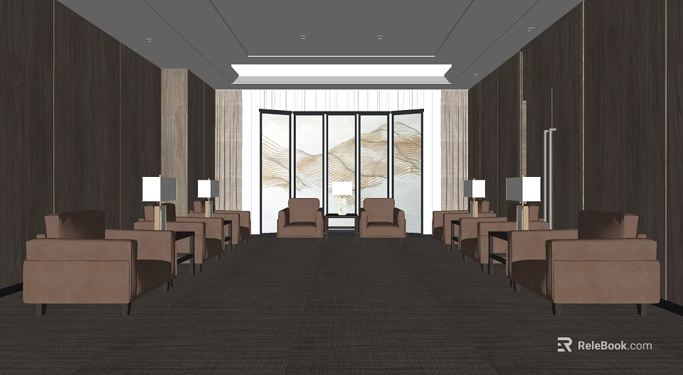 Hotel Public Lounge With Modern Design Wooden Walls Comfortable Seats And Large Windows 3d model 
