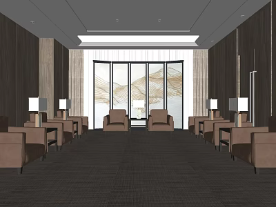 Hotel Public Lounge With Modern Design Wooden Walls Comfortable Seats And Large Windows 3d model