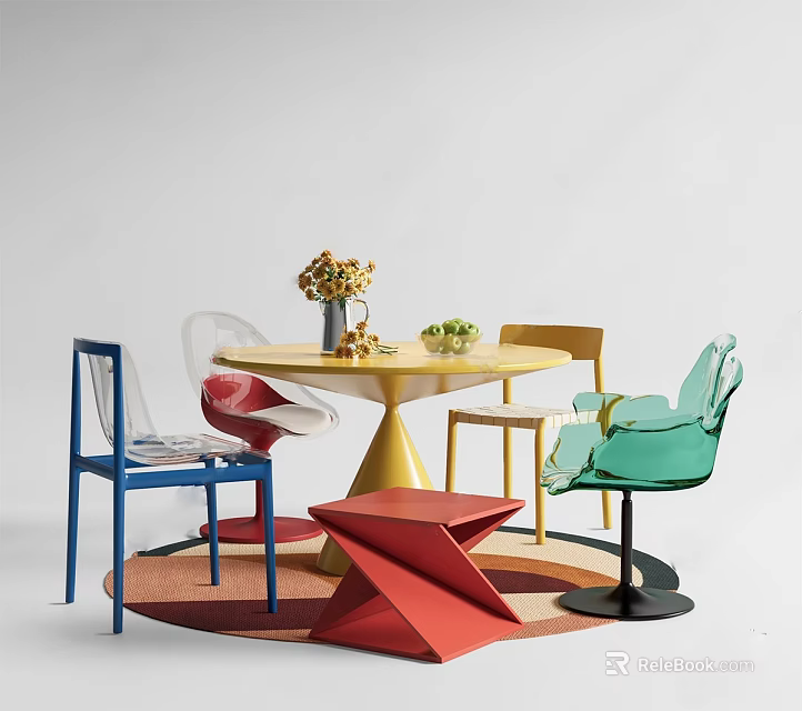 Colorful Dining Table With Transparent And Colored Chairs Flower Arrangement And Fruits On Colorful Rug 3d model 