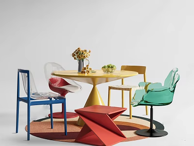 Colorful Dining Table With Transparent And Colored Chairs Flower Arrangement And Fruits On Colorful Rug 3d model