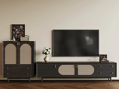 Modern Living Room Setup With Black TV Cabinet Grille Door Storage Decorative Items Herringbone Floor 3d model