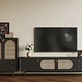 Modern Living Room Setup With Black TV Cabinet Grille Door Storage Decorative Items Herringbone Floor