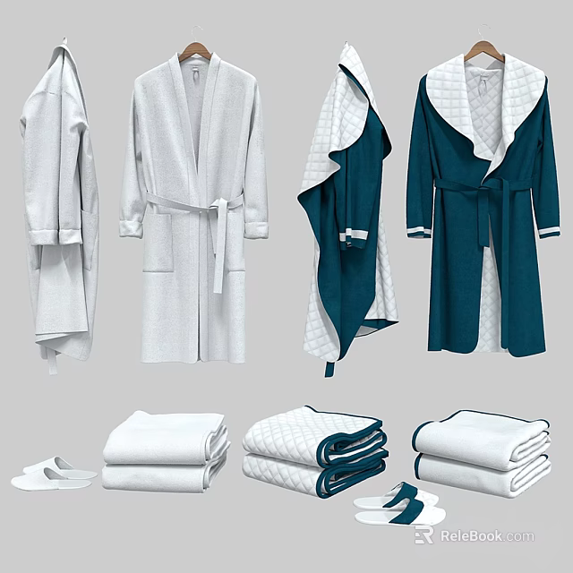 Various Style Bathrobes With Belted Quilted Trim And Matching Towels Slippers 3d model 