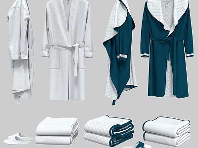 Various Style Bathrobes With Belted Quilted Trim And Matching Towels Slippers 3d model