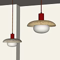 Two Minimalist Modern Pendant Lights With Red Top Beige Shade And White Globe Design