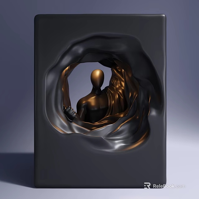 Black Cube Sculpture With Circular Opening And Gold Human Figure Inside Flowing Design 3d model 