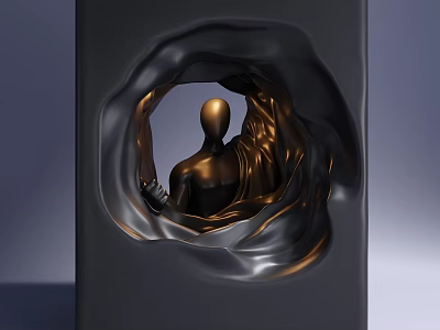 Black Cube Sculpture With Circular Opening And Gold Human Figure Inside Flowing Design 3d model