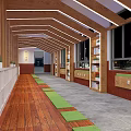 Elevator Hallway Interior With Wooden Structure Lighting Strips Bookshelves And Green Plants