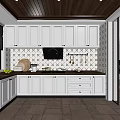 White Cabinet Kitchen Interior With Black And White Geometric Tiles Wooden Ceiling And Countertop Items
