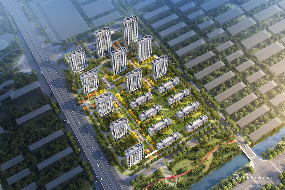Modern High Rise Residential Buildings With Greenery Surroundings Roads And Park Areas 3d model 