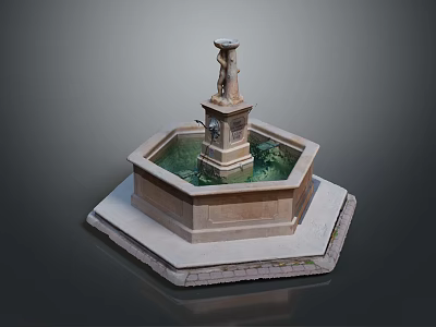 Hexagonal Stone Fountain With Central Statue And Water Basin Design 3d model