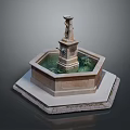 Hexagonal Stone Fountain With Central Statue And Water Basin Design