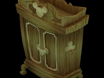 Vintage Wooden Wardrobe With Mickey Ear Carvings And Decorative Cabinet Doors 3d model