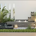 Serene Modern Garden Landscape Design With Tiered Fountains Lush Plants And Stone Water Features