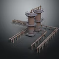 Industrial Equipment System Featuring Cylindrical Towers Pipes And Access Platforms