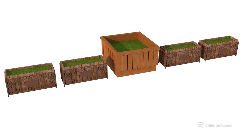 Wooden Garden Planters With Decorative Patterns And Green Grass In Various Sizes 3d model 