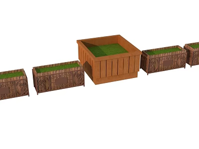 Wooden Garden Planters With Decorative Patterns And Green Grass In Various Sizes 3d model