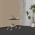 Modern Living Room Interior With Wheeled Storage Shelf Wooden Layers Metal Frame And Green Plant