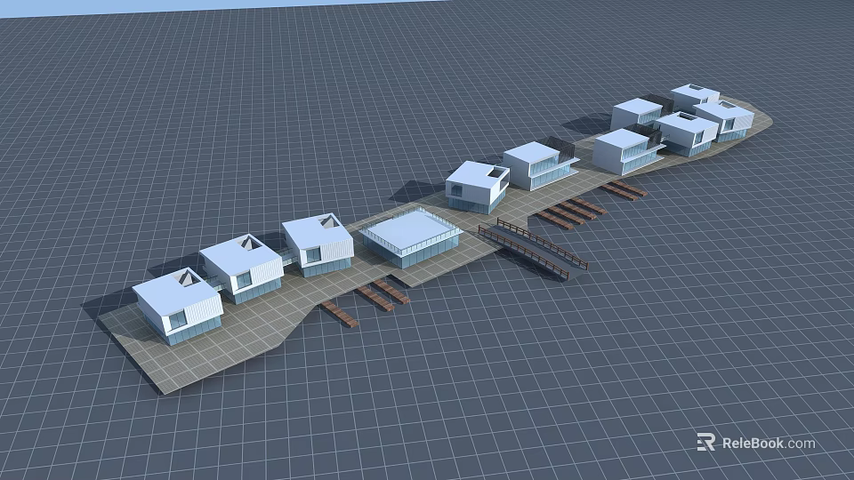 White Small Houses On Grid Ground With Wooden Bridge Building Complex Model 3d model 