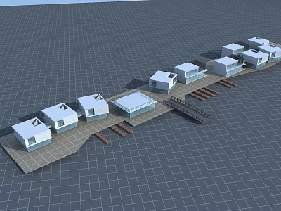 White Small Houses On Grid Ground With Wooden Bridge Building Complex Model 3d model