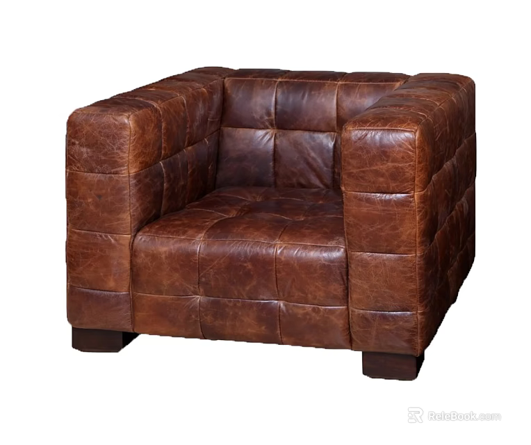 Classic Brown Leather Single Seater Sofa With Tufted Design And Sturdy Legs 3d model 
