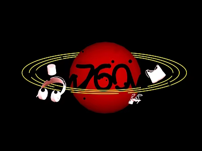 Billboard With Red Sphere Black 760 Text Yellow Orbits White Objects On Black Background 3d model