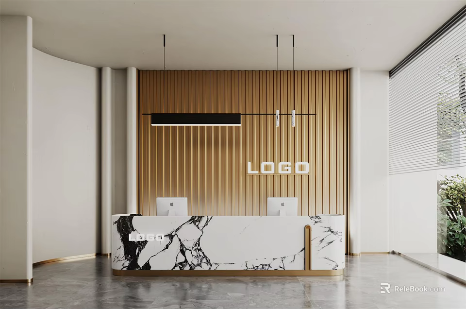 Modern Reception Desk With Wooden Slat Backdrop Marble Countertop Computers Pendant Lights And LOGO Sign 3d model 
