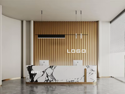 Modern Reception Desk With Wooden Slat Backdrop Marble Countertop Computers Pendant Lights And LOGO Sign 3d model