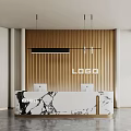 Modern Reception Desk With Wooden Slat Backdrop Marble Countertop Computers Pendant Lights And LOGO Sign