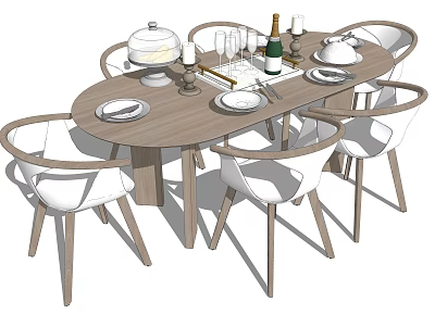Oval Wooden Dining Table Set With White Chairs Tableware Wine Glasses And Candles 3d model
