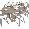 Oval Wooden Dining Table Set With White Chairs Tableware Wine Glasses And Candles