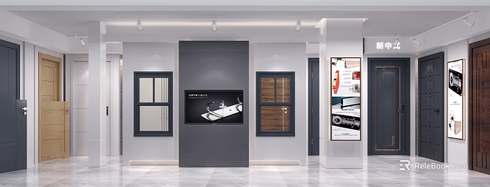 Showroom Interior With Display Wall Featuring Glass And Wooden Frame Windows 3d model 