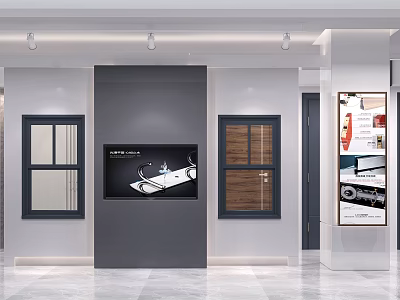Showroom Interior With Display Wall Featuring Glass And Wooden Frame Windows 3d model
