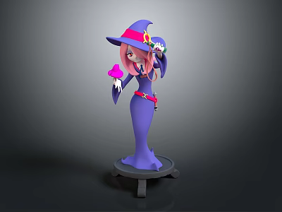 Pink Haired Witch In Purple Robe With Magical Hat On Pedestal Stand 3d model