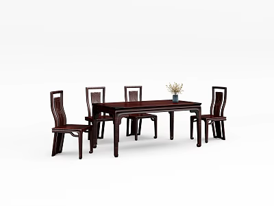 Traditional Wooden Dining Table Set With Four Chairs And Decorative Flower Vase 3d model