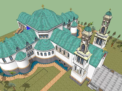 European Style Architecture With Green Domes Towers White Walls And Courtyard Palm Trees 3d model