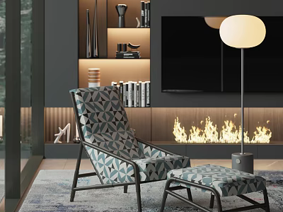 Geometric Pattern Chaise Lounge With Ottoman Fireplace TV And Bookshelf In Modern Living Room 3d model