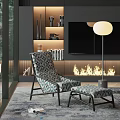 Geometric Pattern Chaise Lounge With Ottoman Fireplace TV And Bookshelf In Modern Living Room