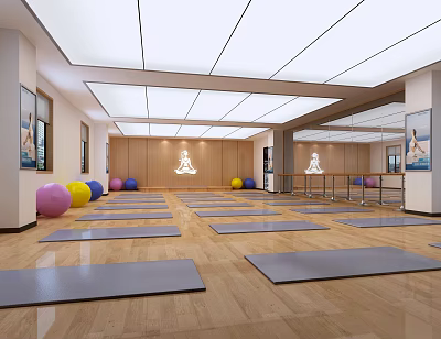 Yoga Fitness Studio With Aligned Gray Mats Colorful Balls Mirrors And Wooden Walls 3d model