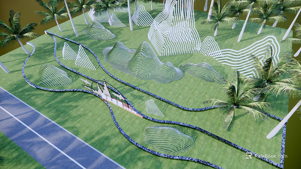 Modern Curved Feature Wall With Lawn Palm Trees And Winding Pathway 3d model 