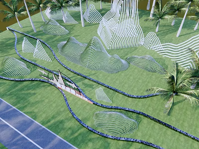 Modern Curved Feature Wall With Lawn Palm Trees And Winding Pathway 3d model