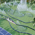 Modern Curved Feature Wall With Lawn Palm Trees And Winding Pathway