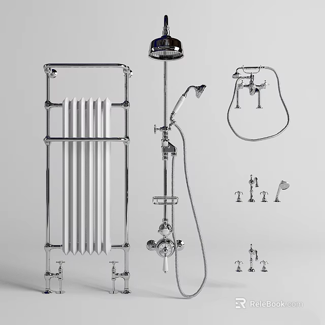 Stylish Modern Chrome Bathroom Faucet Set with Showerhead Radiator and Fittings 3d model 