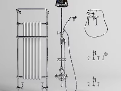Stylish Modern Chrome Bathroom Faucet Set with Showerhead Radiator and Fittings 3d model