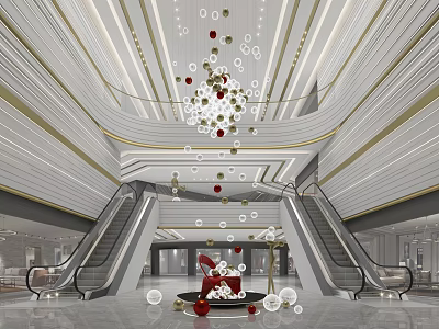 Contemporary Shopping Mall Lobby With Escalators Chandelier Decorative Spheres And Marble Floor 3d model