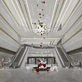 Contemporary Shopping Mall Lobby With Escalators Chandelier Decorative Spheres And Marble Floor
